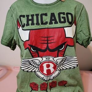 NEW NBA Chicago Bulls MVP olive green t-shirt bull and roses design on the front